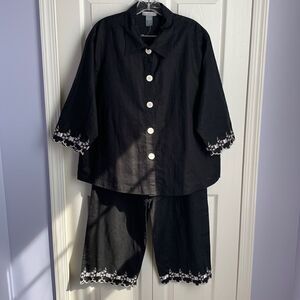 Danny Noble Off the Cuff Linen Cotton 2-pc Set Pants Shirt Top L Black